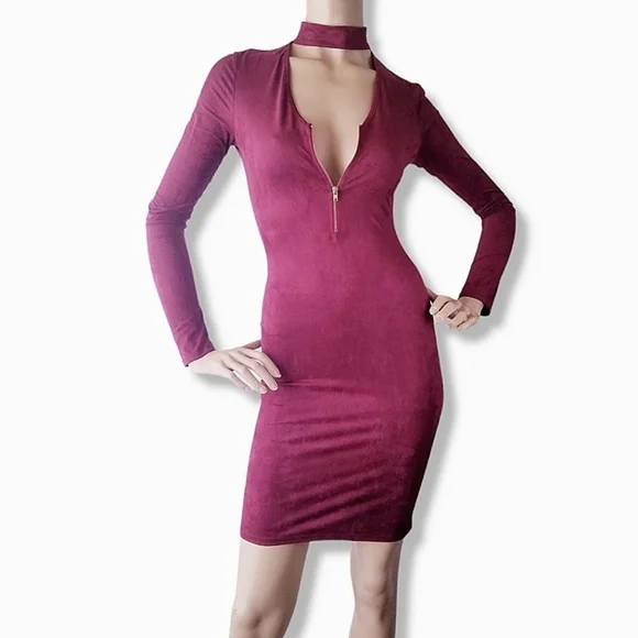 Mocking Jay Dresses | Mocking Jay Burgundy Wine Faux Suede Choker Front Zipper Bodycon Dress | Color: Purple/Red | Size: S | Itslitz's Closet